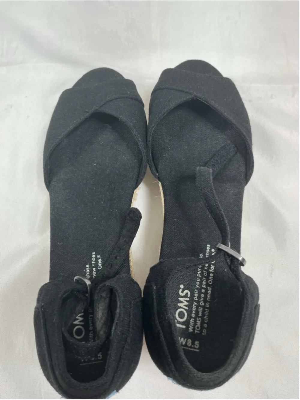 Womans Tom’s Espadrille Wedge Sandals Size 8.5 W Black Peep Toe